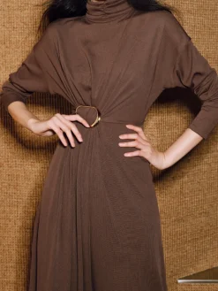 Turtleneck Knotted Pleated Long Dress