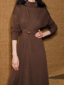 Turtleneck Knotted Pleated Long Dress
