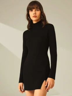Turtleneck Long Sleeve Mini Dress with Slit and Ribbed Paneling