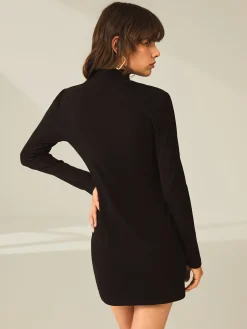 Turtleneck Long Sleeve Mini Dress with Slit and Ribbed Paneling