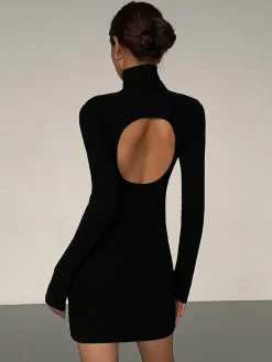 Turtleneck Open Back Long Sleeve Short Dress