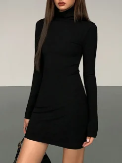 Turtleneck Open Back Long Sleeve Short Dress