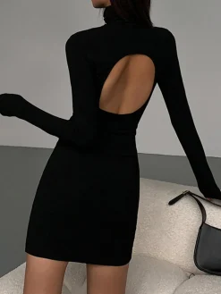 Turtleneck Open Back Long Sleeve Short Dress