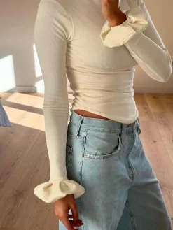 Turtleneck Ribbed Ruffle Sleeve Blouse