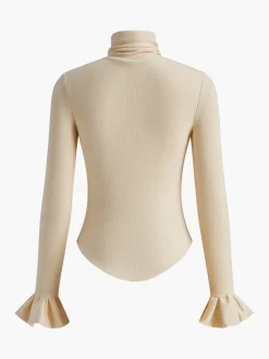 Turtleneck Ribbed Ruffle Sleeve Blouse