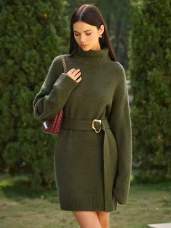 Turtleneck Sweater Short Dress With Belt