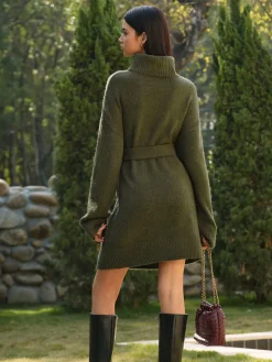 Turtleneck Sweater Short Dress With Belt
