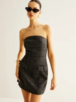 Tweed Checked Tube Short Dress