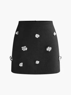 Tweed Floral-Beaded Zipper Skirt