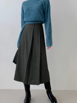Tweed Pleated Button Midi Skirt