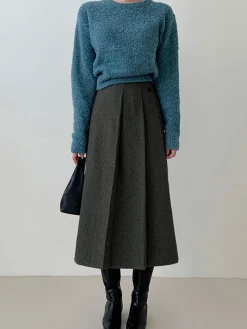 Tweed Pleated Button Midi Skirt