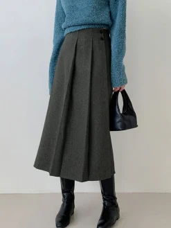 Tweed Pleated Button Midi Skirt