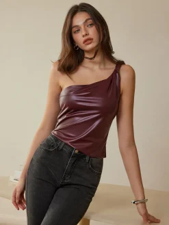Twist-Strap Faux Leather Tank Top