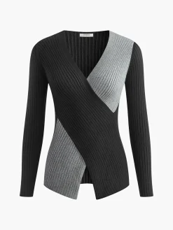 Two Tone Criss Cross Slim Knit Top