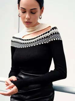 Two Tone Cutout Slim Sweater