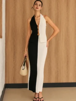 Two Tone Halter Knit Skirt Set