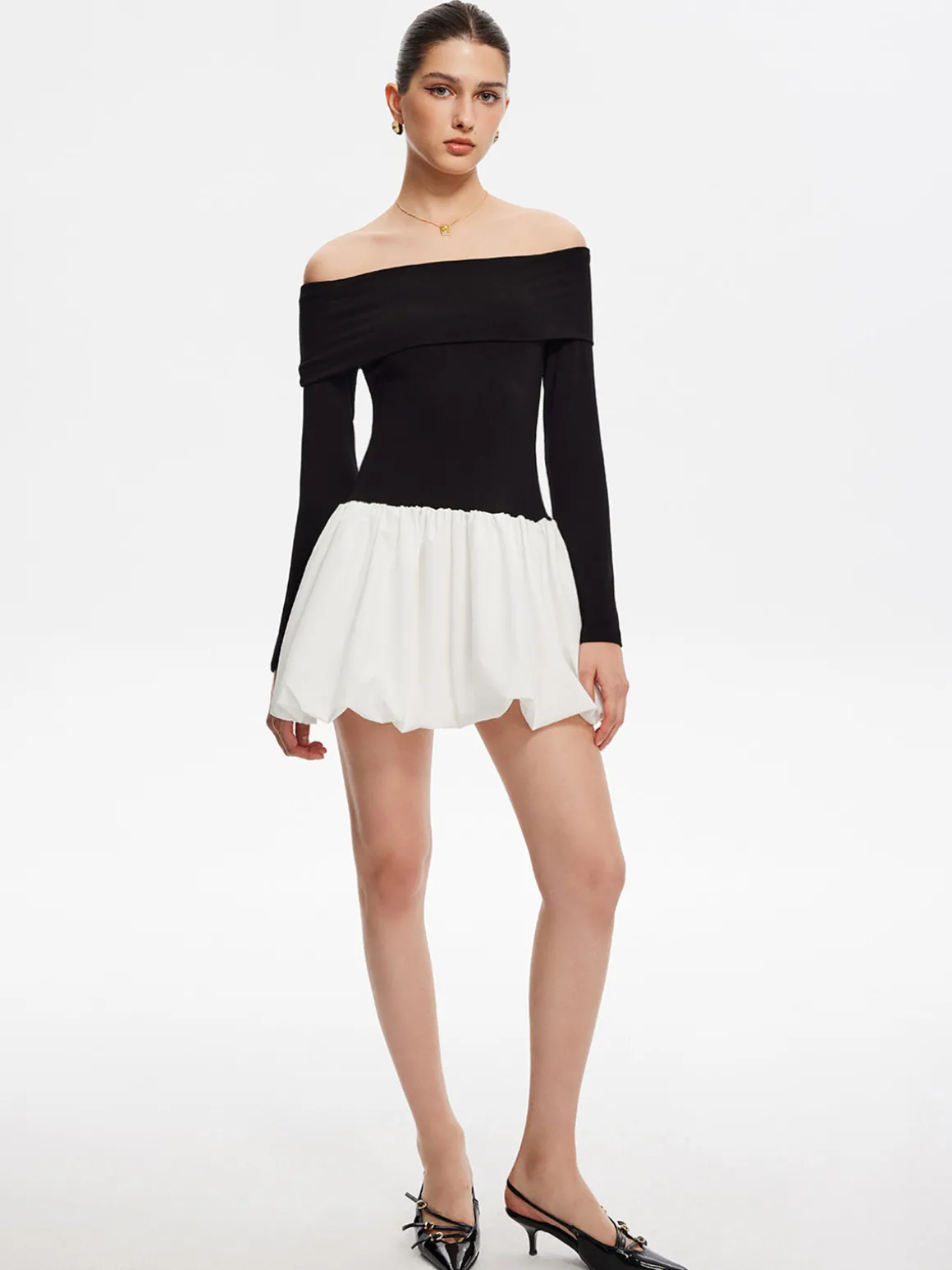 Two Tone Off Shoulder Bubble Short Dress