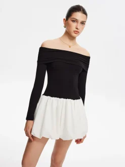 Two Tone Off Shoulder Bubble Short Dress