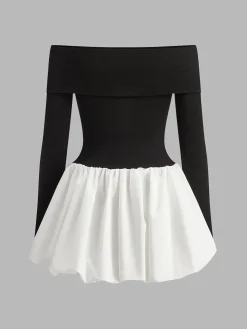 Two Tone Off Shoulder Bubble Short Dress