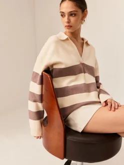 Two Tone Striped Polo Sweater