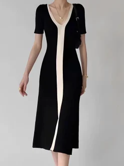 Two Tone V-Neck Knit Slit Midi Dress