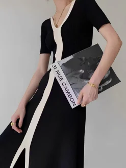 Two Tone V-Neck Knit Slit Midi Dress