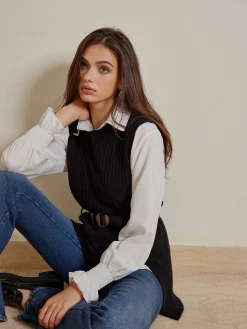 Two-Piece Belted Sweater With Polo Shirt