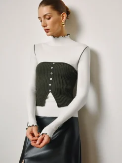 Two-Piece Lettuce Trim Knit Top With Slit Vest