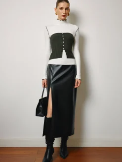 Two-Piece Lettuce Trim Knit Top With Slit Vest