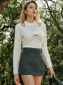 Two-Piece Skinny Vest With Bow-Decor Sweater Top