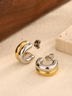 Two-Tone C-Shape Stud Hoop Earrings
