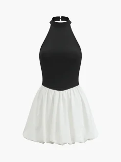 Two-Tone Halter Puff Short Dress