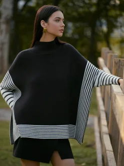 Two-Tone Pinstripe Split Knit Top