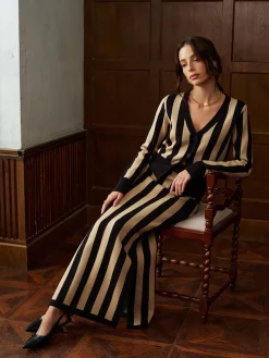Two-Tone Pinstripe V-Neck Button Sweater Skirt Set