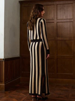 Two-Tone Pinstripe V-Neck Button Sweater Skirt Set