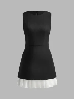 Two-Tone Sleeveless Pleated Short Dress