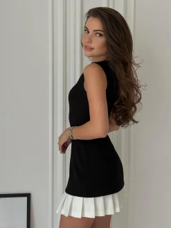 Two-Tone Sleeveless Pleated Short Dress