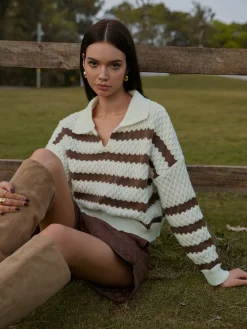 Two-Tone Striped Lapel Short Sweater