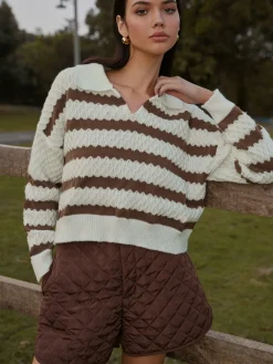 Two-Tone Striped Lapel Short Sweater