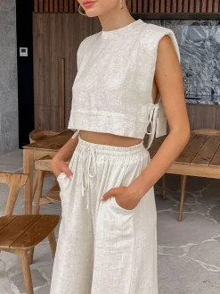 Utility Linen Two Piece Wide Leg Pants Set