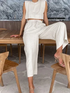 Utility Linen Two Piece Wide Leg Pants Set