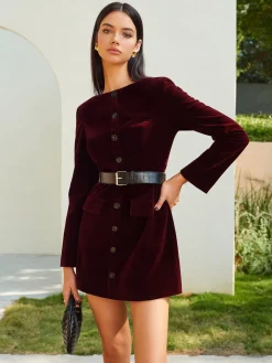 Velvet Button Short Dress With Belt