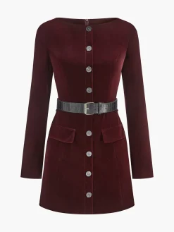 Velvet Button Short Dress With Belt