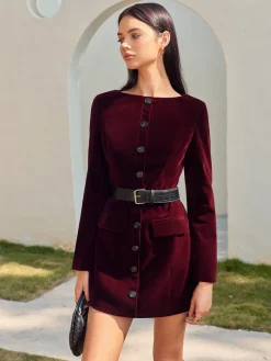 Velvet Button Short Dress With Belt