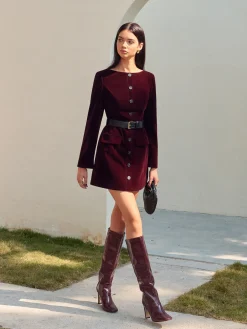 Velvet Button Short Dress With Belt