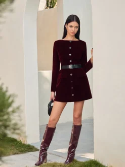 Velvet Button Short Dress With Belt