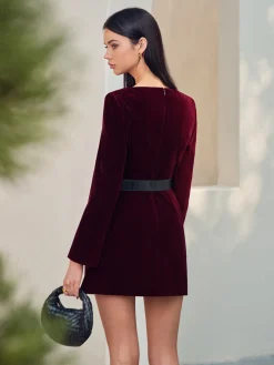 Velvet Button Short Dress With Belt