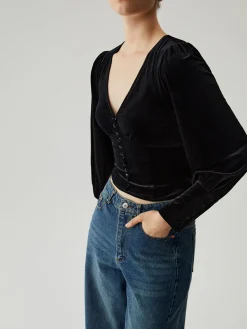 Velvet Buttoned V-neck Long Sleeve Crop Top