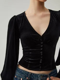 Velvet Buttoned V-neck Long Sleeve Crop Top