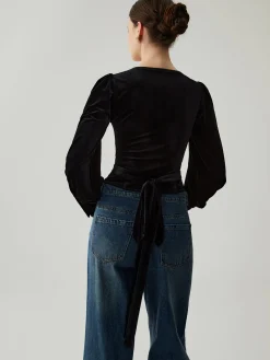 Velvet Buttoned V-neck Long Sleeve Crop Top
